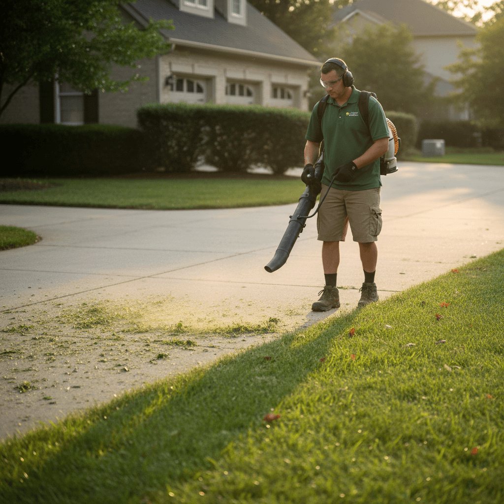 lawn care worker using leaf blower to clean grass clippings from driveway