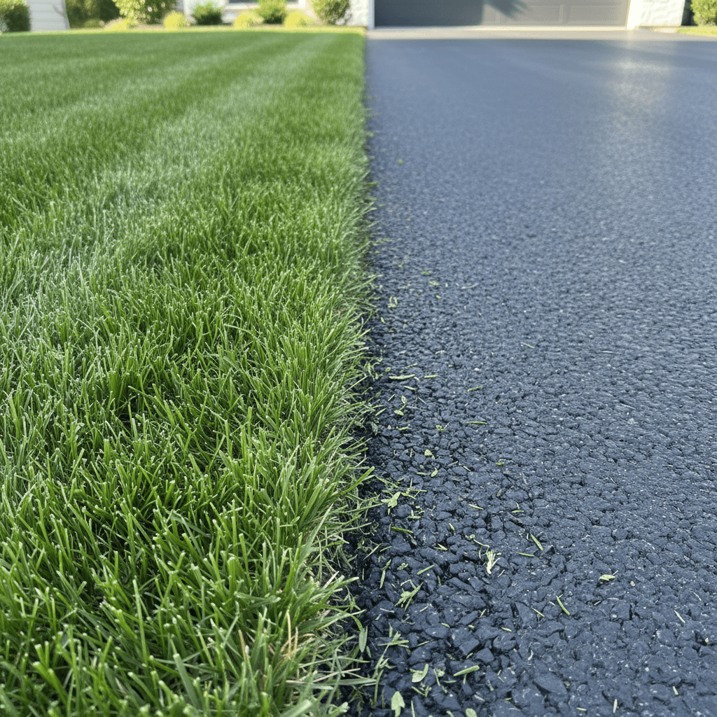 detailed view of freshly edged lawn border along driveway with clean cut line